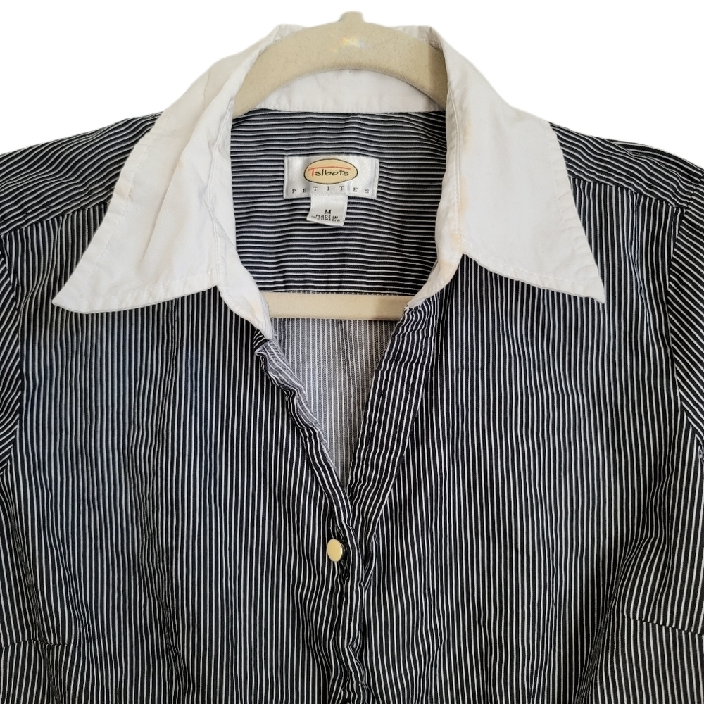Talbots Top M Medium Stripe Button Up Black 3/4 Sleeve - Picture 2 of 8